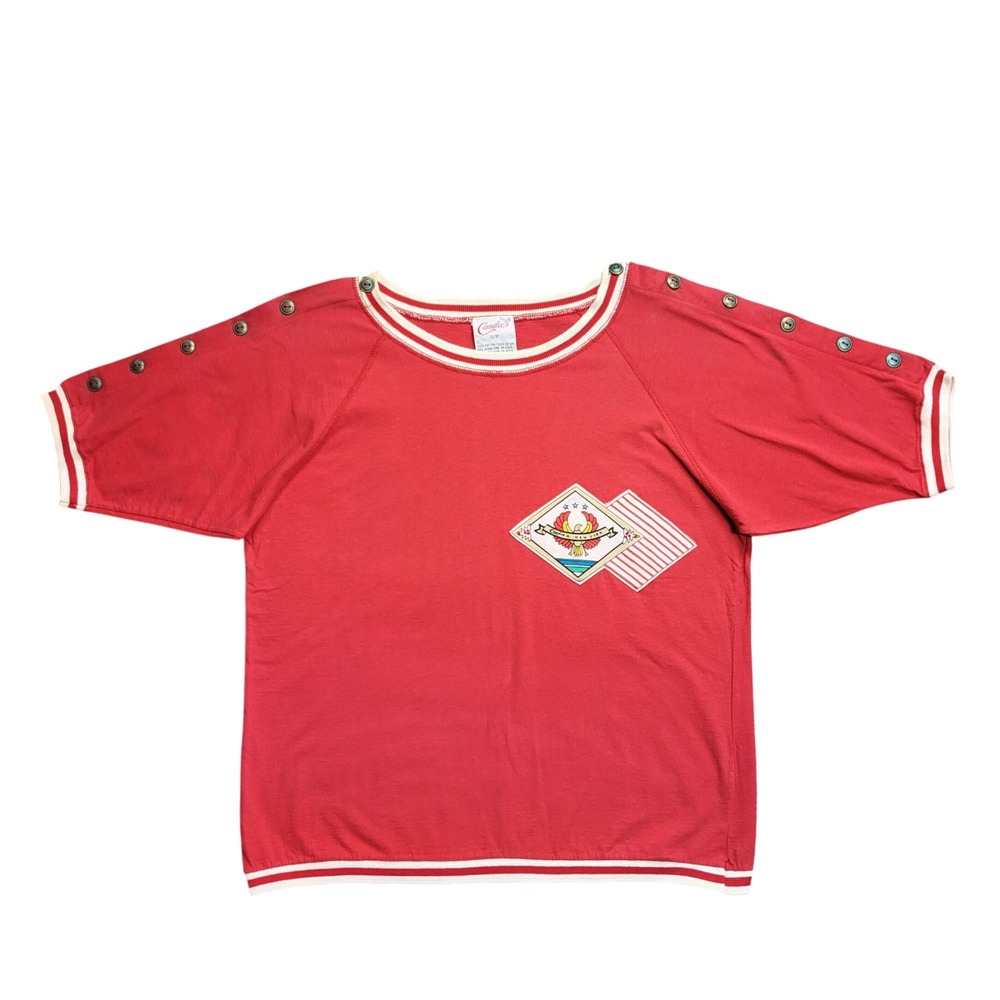 Vintage Candie's 90s Red‎ Sporty Top S Button Sleeve Graphic Patch Retro USA